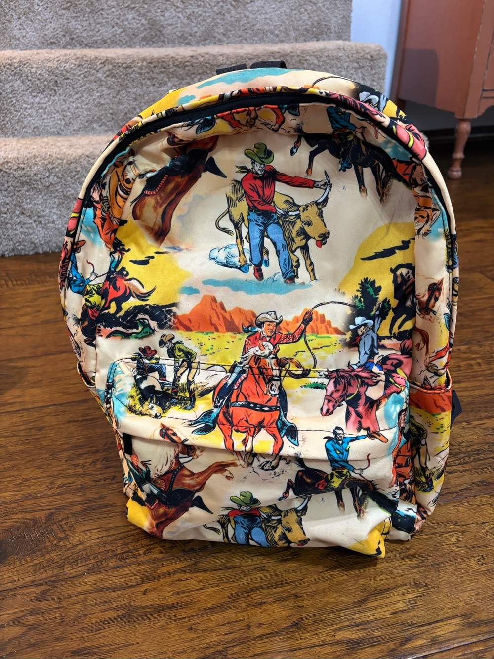 Cowboy Print Canvas Backpack in Cream and Multicolor